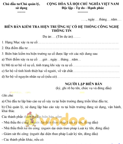 Mẫu biên bản kiểm tra hiện trường sự cố hệ thống công nghệ thông tin