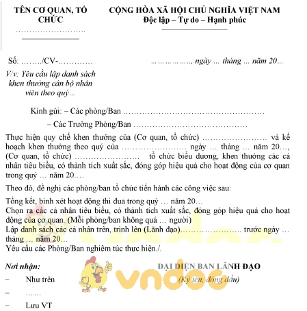 Mẫu công văn yêu cầu lập danh sách khen thưởng theo quý