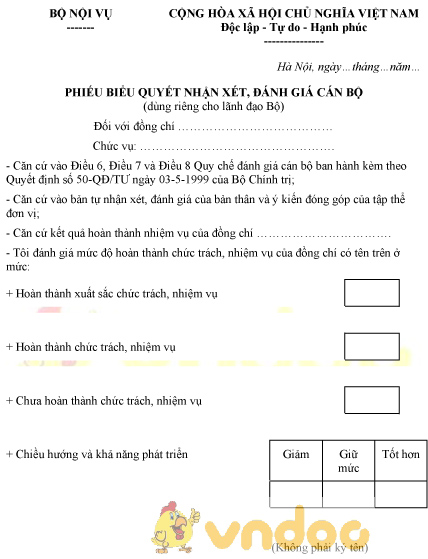 Mẫu phiếu biểu quyết nhận xét, đánh giá cán bộ dùng riêng cho lãnh đạo Bộ