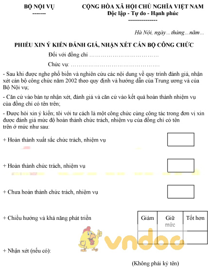 Mẫu phiếu xin ý kiến đánh giá, nhận xét cán bộ công chức