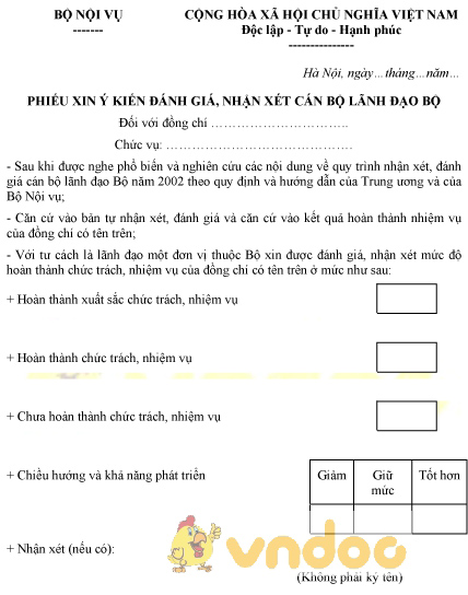 Mẫu phiếu xin ý kiến đánh giá, nhận xét cán bộ lãnh đạo Bộ