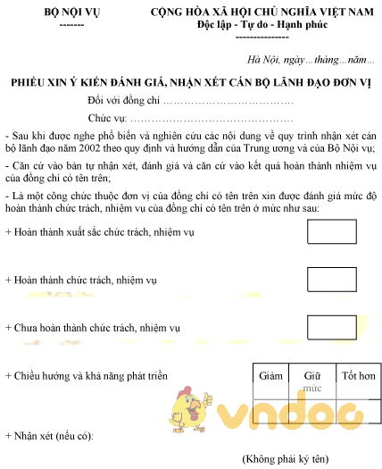 Mẫu phiếu xin ý kiến đánh giá, nhận xét cán bộ lãnh đạo đơn vị