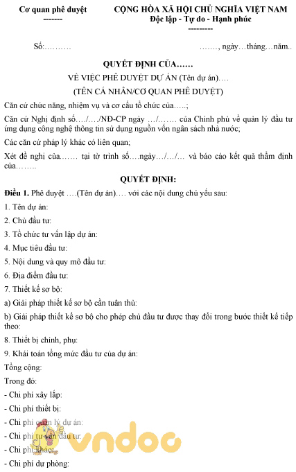 Mẫu quyết định phê duyệt dự án ứng dụng công nghệ thông tin