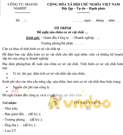 Mẫu tờ trình đề nghị sửa chữa cơ sở vật chất