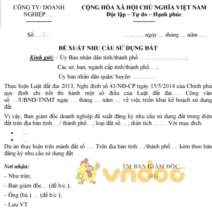 Mẫu văn bản đề xuất nhu cầu sử dụng đất