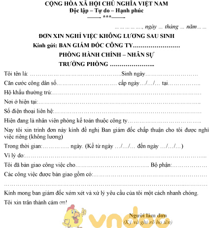 Mẫu đơn xin nghỉ việc không lương sau sinh