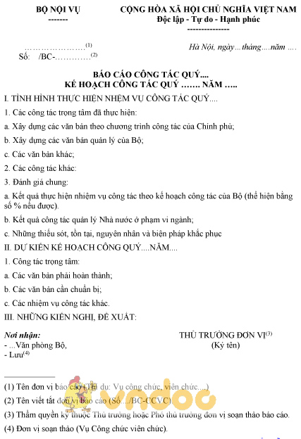 Mẫu báo cáo công tác quý của Bộ Nội vụ