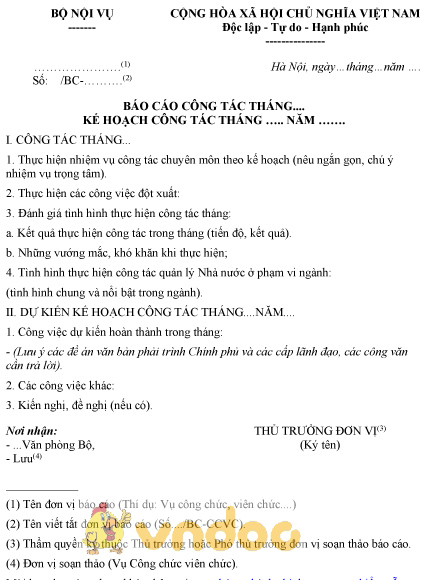 Mẫu báo cáo công tác tháng của Bộ Nội vụ