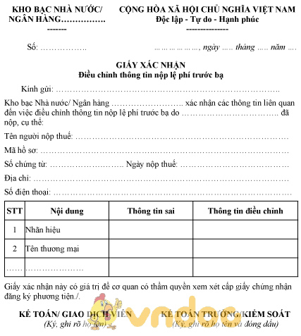 Mẫu giấy xác nhận điều chỉnh thông tin nộp lệ phí trước bạ