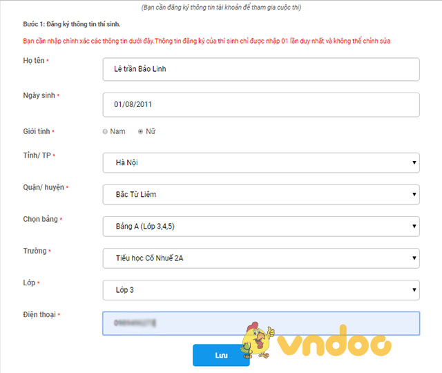 Khi nhấn nút vào thi hệ thống sẽ hiện ra 1 giao diện cập nhất thông tin chi tiết của thí sinh.