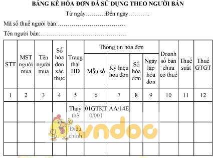 Mẫu bảng kê hóa đơn đã sử dụng theo người bán