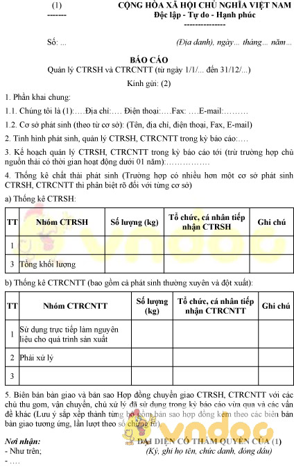 Mẫu báo cáo quản lý chất thải rắn sinh hoạt và chất thải rắn công nghiệp thông thường