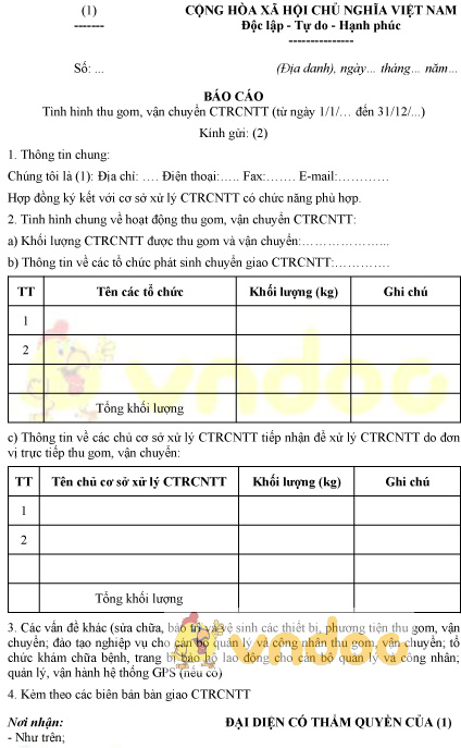 Mẫu báo cáo tình hình thu gom, vận chuyển chất thải rắn công nghiệp thông thường