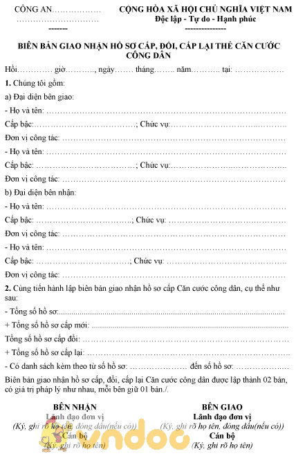 Mẫu biên bản giao nhận hồ sơ cấp, đổi, cấp lại thẻ căn cước công dân