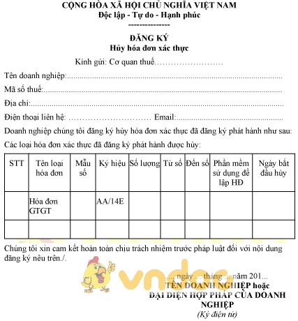 Mẫu đăng ký hủy hóa đơn xác thực