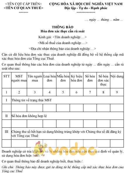 Mẫu thông báo hóa đơn xác thực cần rà soát