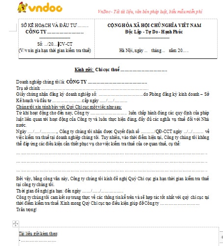 Đơn đề nghị hoãn kiểm tra thuế