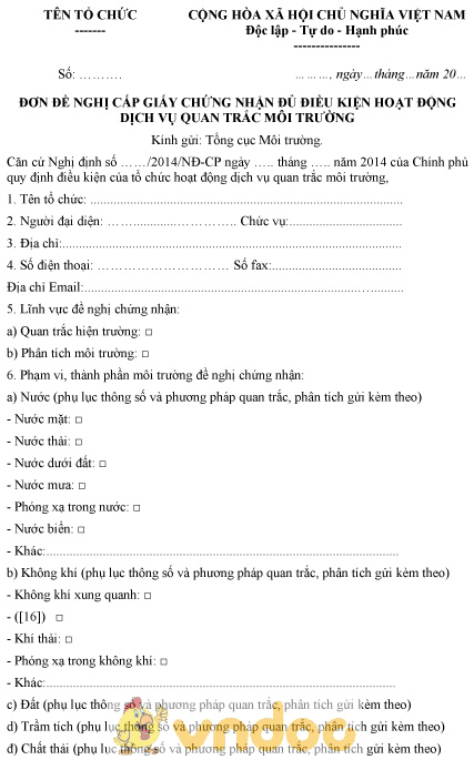 Mẫu đơn đề nghị cấp giấy chứng nhận đủ điều kiện hoạt động dịch vụ quan trắc môi trường