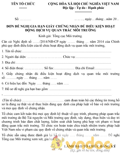 Mẫu đơn đề nghị gia hạn GCN đủ điều kiện hoạt động dịch vụ quan trắc môi trường