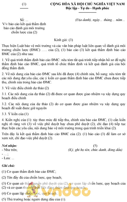 Mẫu báo cáo kết quả thẩm định báo cáo đánh giá môi trường chiến lược