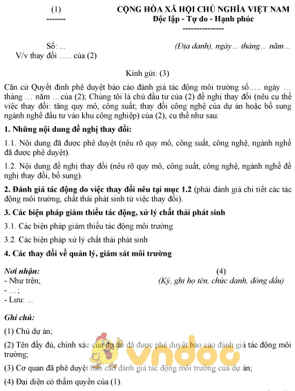 Mẫu báo cáo nội dung thay đổi quy mô, công suất của chủ dự án