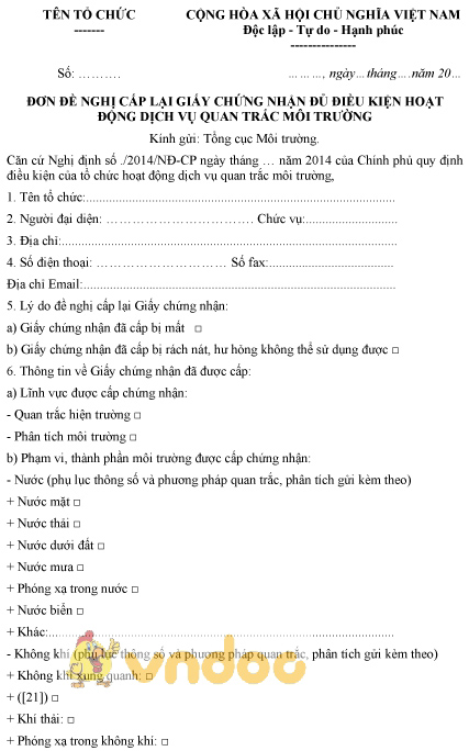 Mẫu đơn đề nghị cấp lại Giấy chứng nhận đủ điều kiện hoạt động dịch vụ quan trắc môi trường