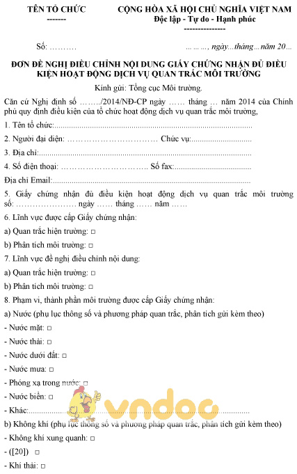 Mẫu đơn đề nghị điều chỉnh nội dung GCN đủ điều kiện hoạt động dịch vụ quan trắc môi trường