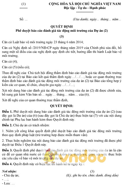 Mẫu quyết định phê duyệt báo cáo đánh giá tác động môi trường của dự án