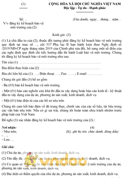 Mẫu văn bản đề nghị đăng ký kế hoạch bảo vệ môi trường của dự án