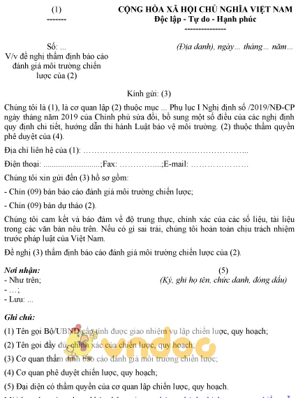 Mẫu văn bản đề nghị thẩm định báo cáo đánh giá môi trường chiến lược