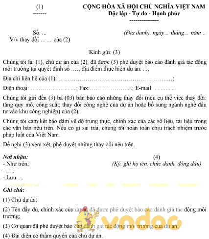 Mẫu văn bản đề nghị thay đổi quy mô, công suất của chủ dự án