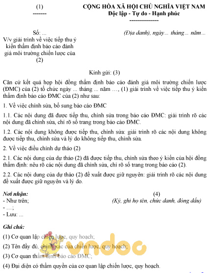 Mẫu văn bản giải trình tiếp thu ý kiến của hội đồng thẩm định báo cáo đánh giá môi trường chiến lược