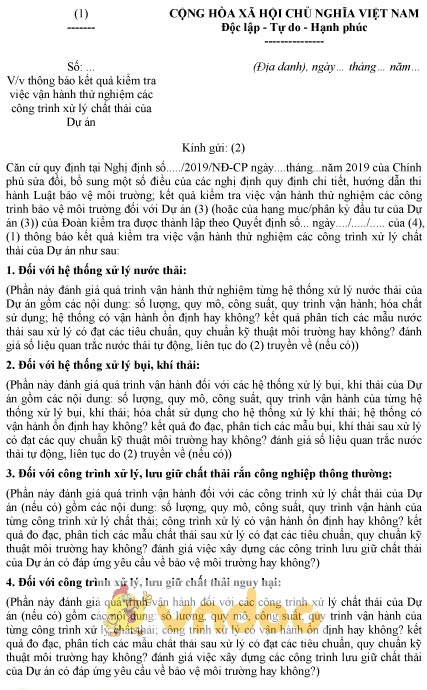 Mẫu văn bản thông báo kết quả kiểm tra vận hành thử nghiệm công trình xử lý chất thải của dự án