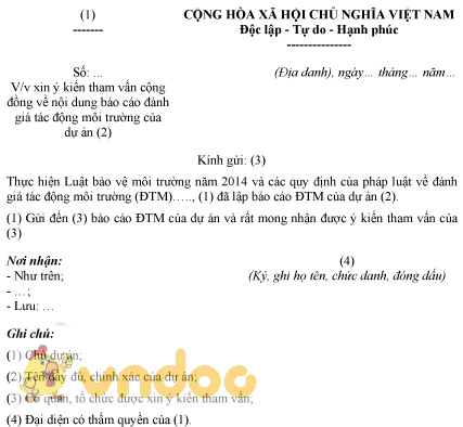Mẫu văn bản xin ý kiến tham vấn cộng đồng nội dung báo cáo đánh giá tác động môi trường