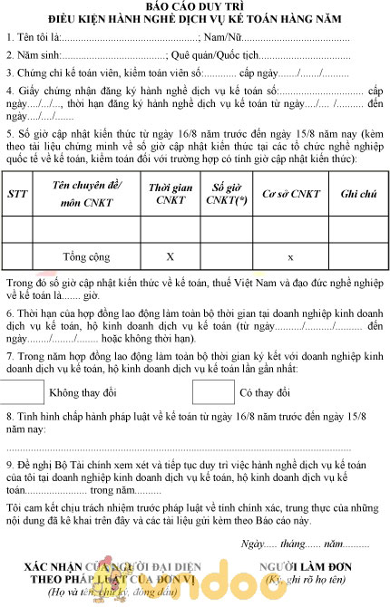 Mẫu báo cáo duy trì điều kiện hành nghề dịch vụ kế toán hàng năm