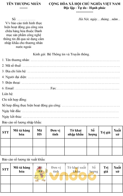 Mẫu báo cáo tình hình thực hiện hoạt động gia công sửa chữa hàng hóa CNTT
