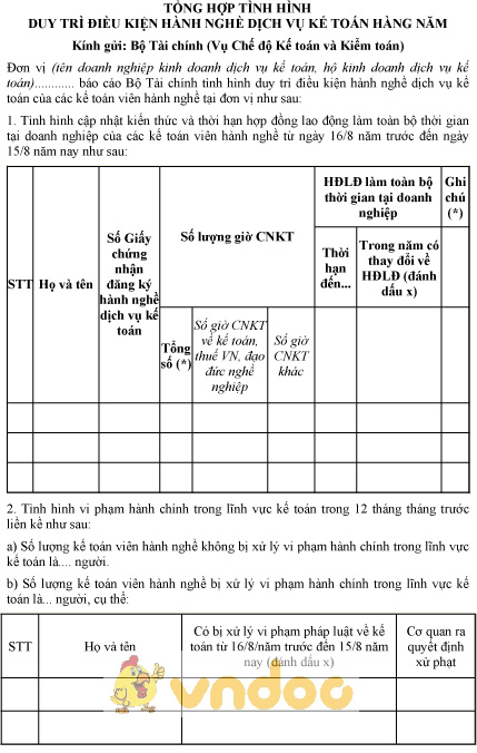 Mẫu tổng hợp tình hình duy trì điều kiện hành nghề dịch vụ kế toán hàng năm
