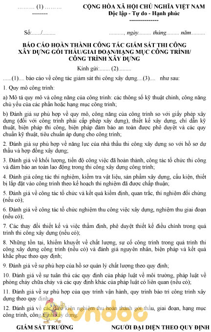 Mẫu báo cáo hoàn thành công tác giám sát thi công xây dựng gói thầu, hạng mục công trình