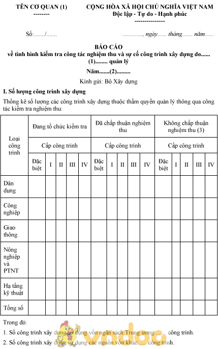 Mẫu báo cáo tình hình kiểm tra công tác nghiệm thu và sự cố công trình xây dựng do Bộ quản lý