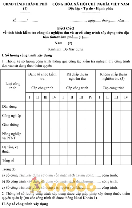 Mẫu báo cáo tình hình kiểm tra công tác nghiệm thu và sự cố công trình xây dựng trên địa bàn