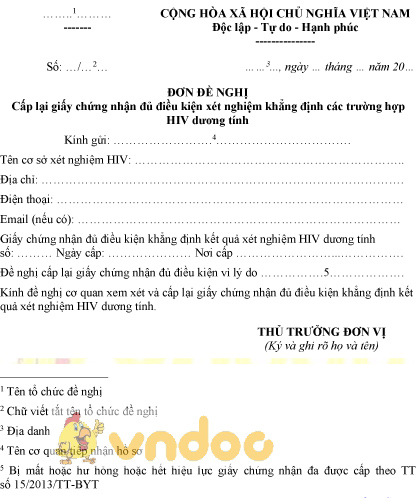 Mẫu đơn đề nghị về việc cấp lại GCN đủ điều kiện xét nghiệm khẳng định các trường hợp HIV dương tính