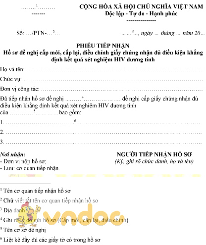 Mẫu phiếu tiếp nhận hồ sơ đề nghị cấp mới, cấp lại, điều chỉnh GCN kết quả xét nghiệm HIV