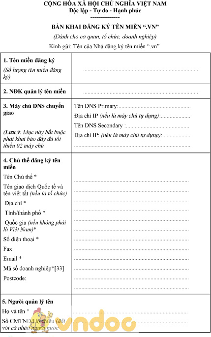 Mẫu bản khai đăng ký tên miền .VN dành cho tổ chức