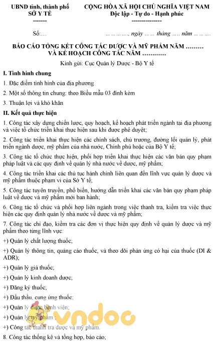 Mẫu báo cáo tổng kết công tác dược và mỹ phẩm của Sở Y tế