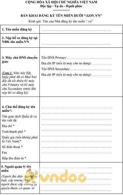 Mẫu bản khai đăng ký tên miền dưới “.GOV.VN”