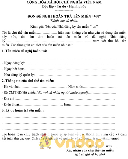 Mẫu đơn đề nghị hoàn trả tên miền .VN dành cho cá nhân