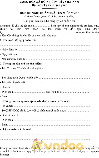 Mẫu đơn đề nghị hoàn trả tên miền .VN dành cho tổ chức
