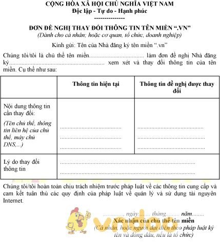 Mẫu đơn đề nghị thay đổi thông tin tên miền .VN