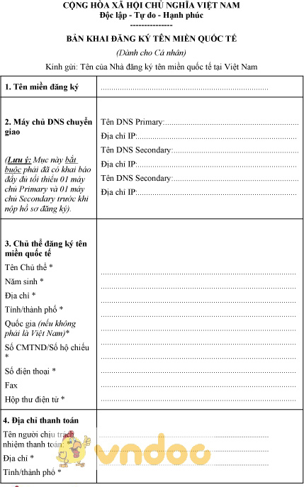 Mẫu bản khai đăng ký tên miền quốc tế dành cho cá nhân