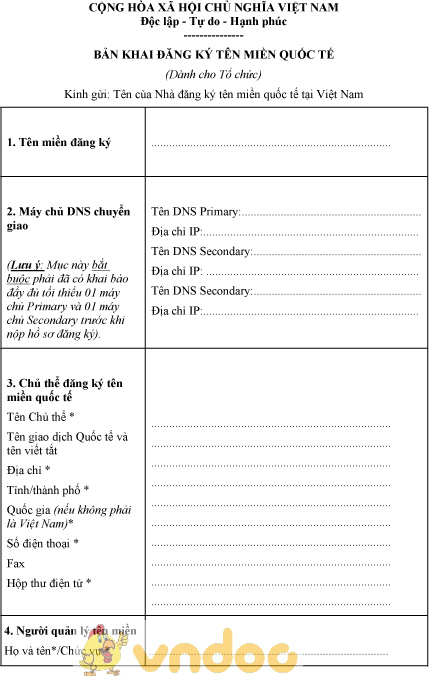 Mẫu bản khai đăng ký tên miền quốc tế dành cho tổ chức